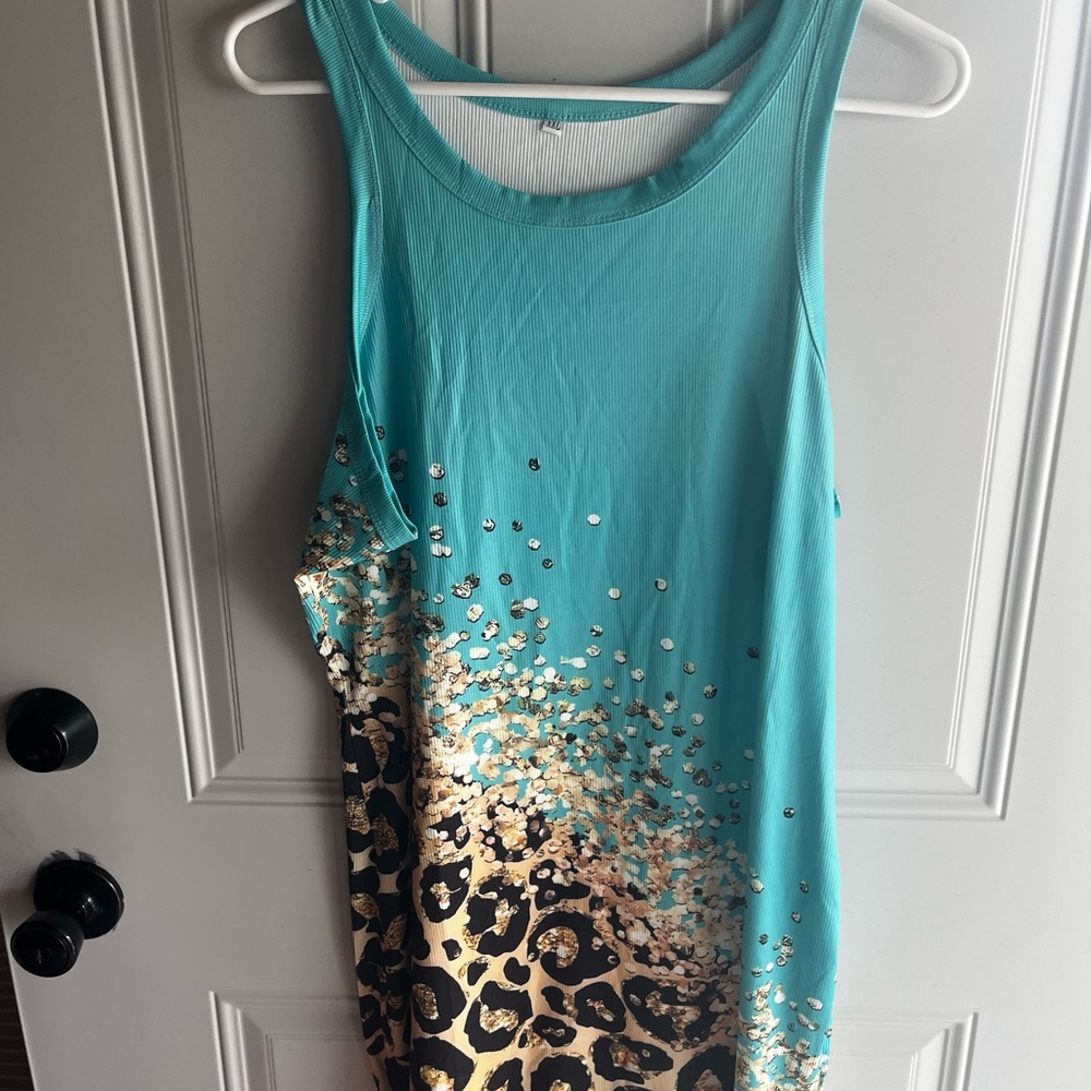 SHEIN Blue Cream Mini Sundress Sleeveless Scoop Neck